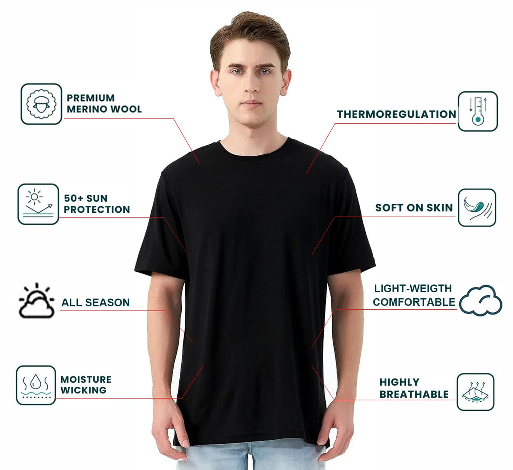 100% Merino Wool T Shirt for Men Short Sleeve Tee 170GSM Men Wool Base Layer Quick Dry Anti-Odor for Travel Hiking USA Size