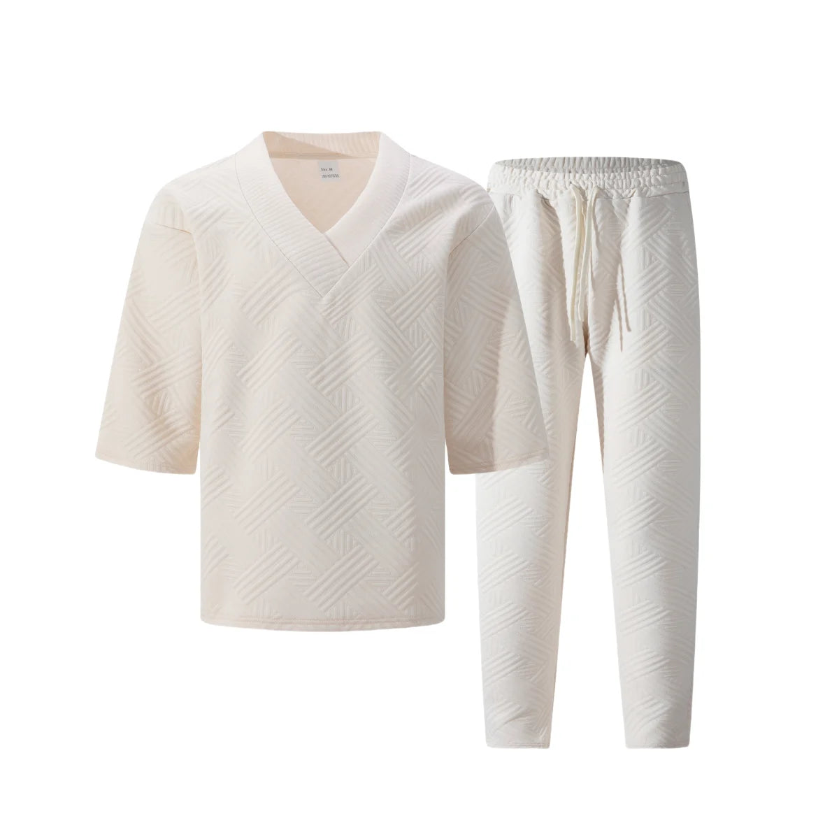 2026 Men's Spring Autumn Geometric Textured 2 Piece Set V-Neck Short Sleeve Top & Drawstring Pants Tracksuit