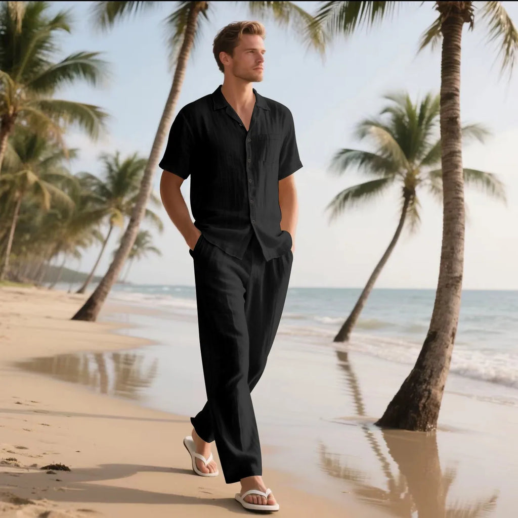 The 2025 Summer Beach Men's linen short-sleeved shirt set is a two-piece long pants set suitable fordaily casual beach vacations