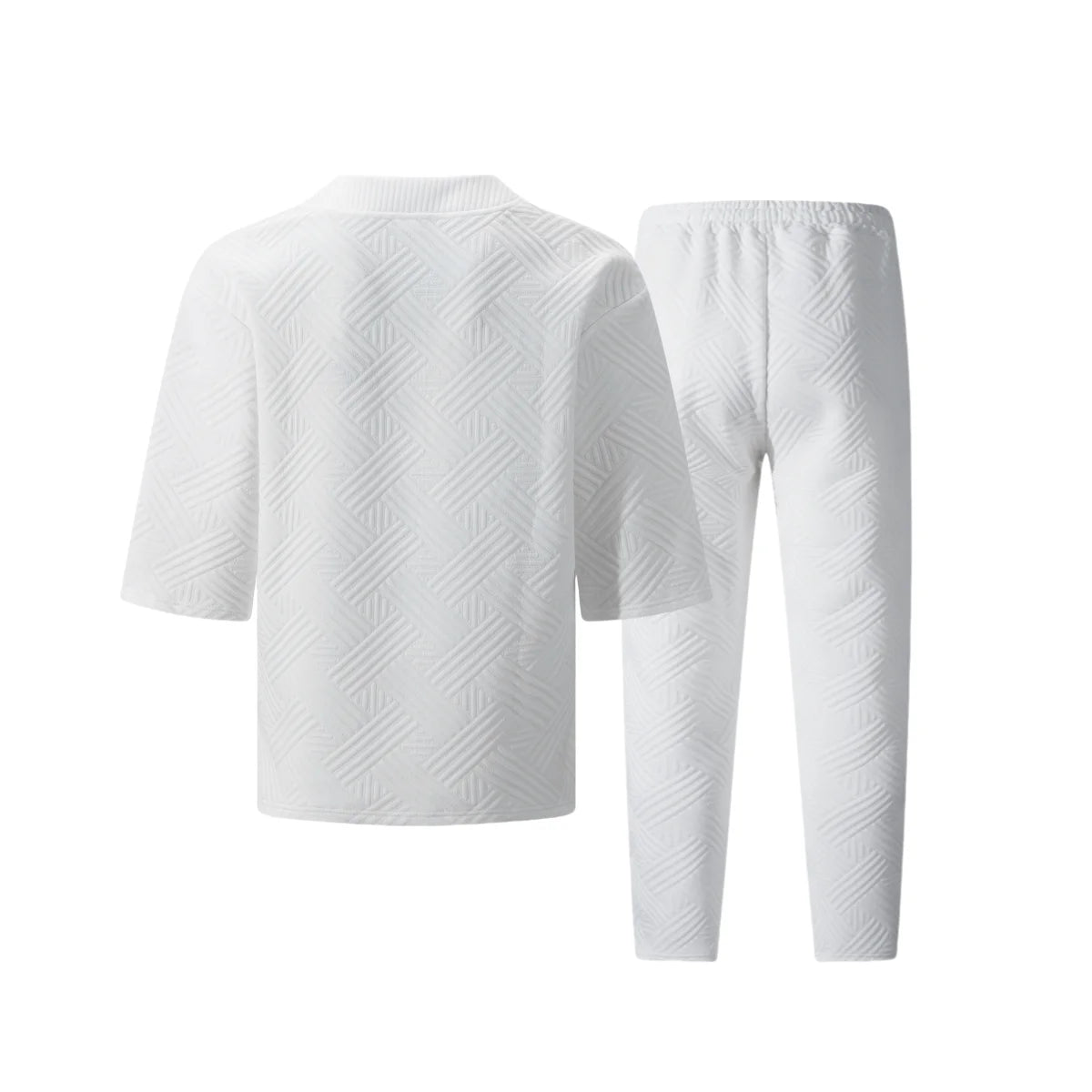 2026 Men's Spring Autumn Geometric Textured 2 Piece Set V-Neck Short Sleeve Top & Drawstring Pants Tracksuit
