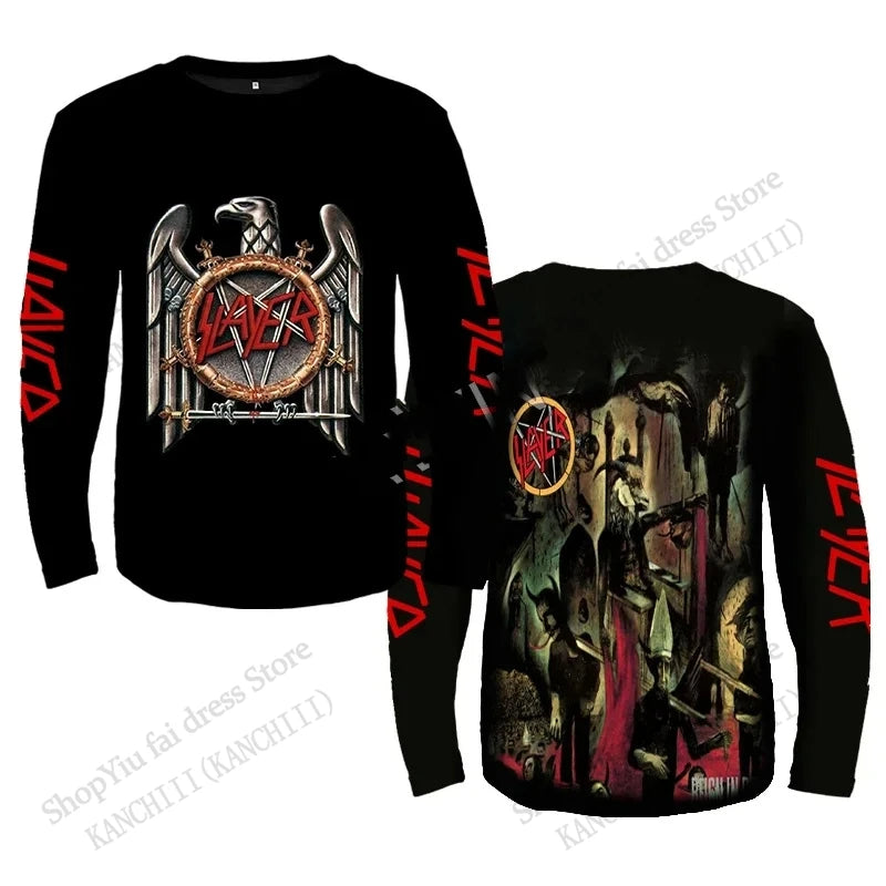 Rock Slayer Band 3D Print Long Sleeve Crew Neck T-shirt Men Women Fashion Oversized Tops Tees Metal Tshirt Mens Clothing Skull