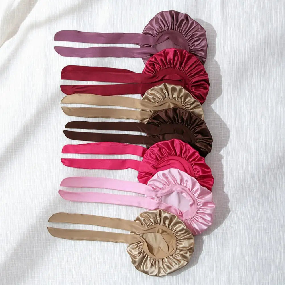 Women Sleeping Hair Bonnet with Tie Band Night Sleep Cap Adjustable Silk Satin Bonnet Wrap for Braids Long Curly Hair