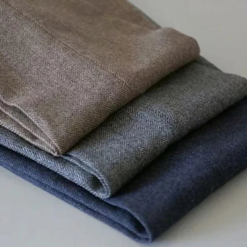 Autumn New Warm Wool Herringbone Casual Trousers British Retro Woolen Loose Straight Pants for Men