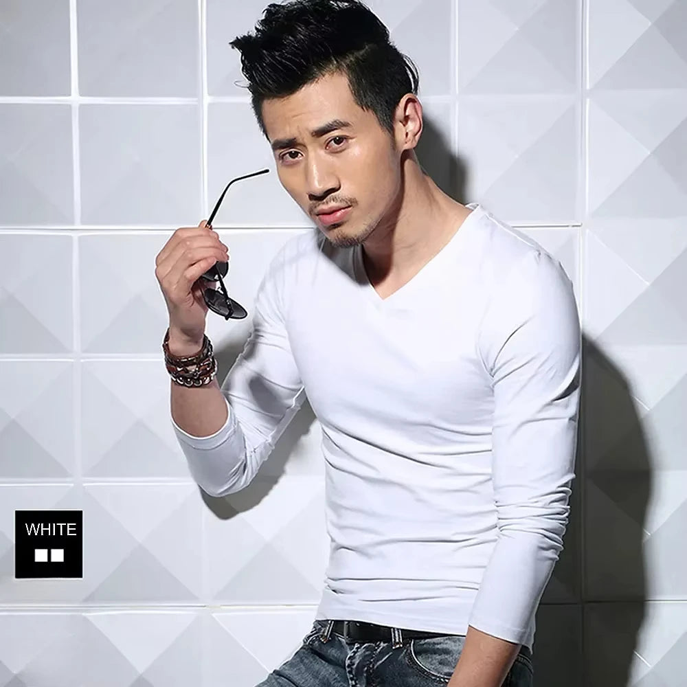 Men's Long Sleeve V Neck T Shirt 2026 MRMT Men T-shirt Slim Solid Tight Man T Shirt Tops Tees Clothing
