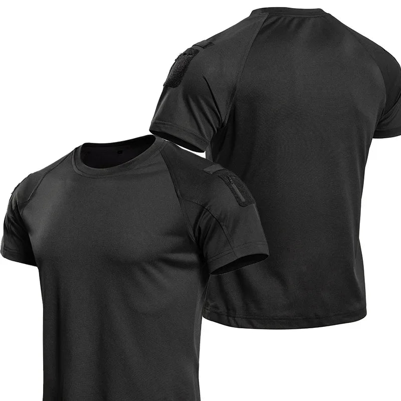 Men's Tactical T-Shirt Short Sleeve Quick Dry Breathable Lightweight Combat Tee with Shoulder Zip Pocket for Hiking Camping Tops