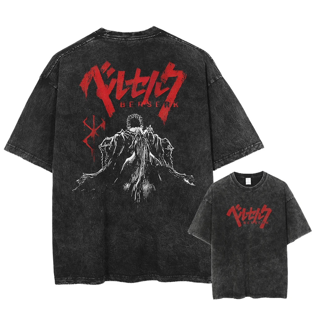 Anime Berserk Guts Printed Washed T-shirt Men Manga Street Tshirts Washed Cotton Harajuku Male Vintage Gothic Tops T Shirt