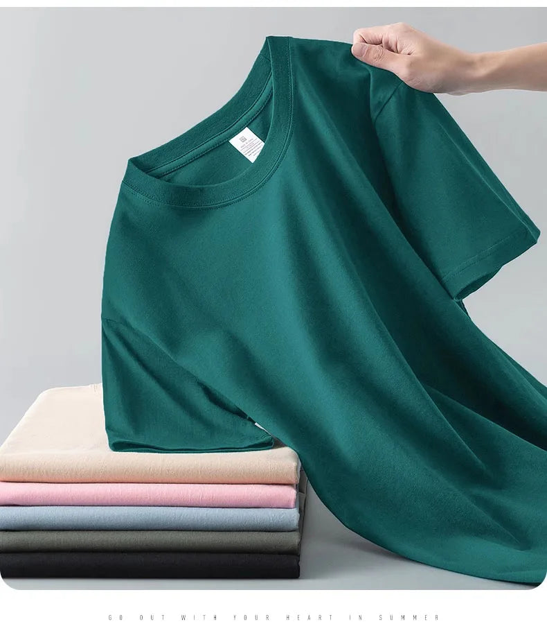 100% cotton heavy t-shirt summer solid color 230 g men's white casual all-match round neck fall shoulder short sleeve