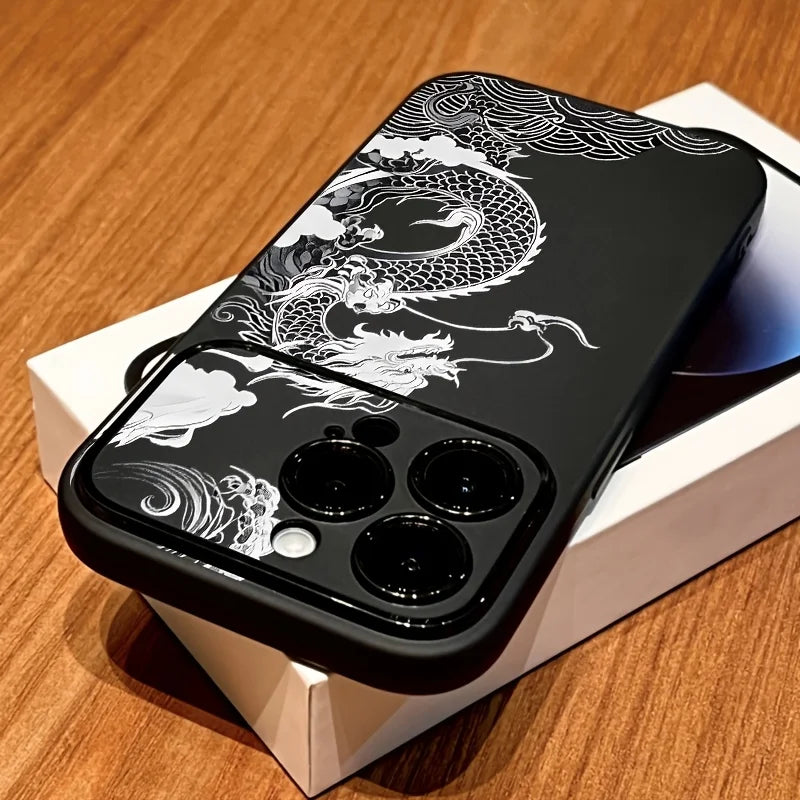Linear Dragon Pattern Black Handy Window Phone case For iPhone 11 12 13 14 15 16 17 Air Pro Max XR XS X Plus Silicone INS Covers
