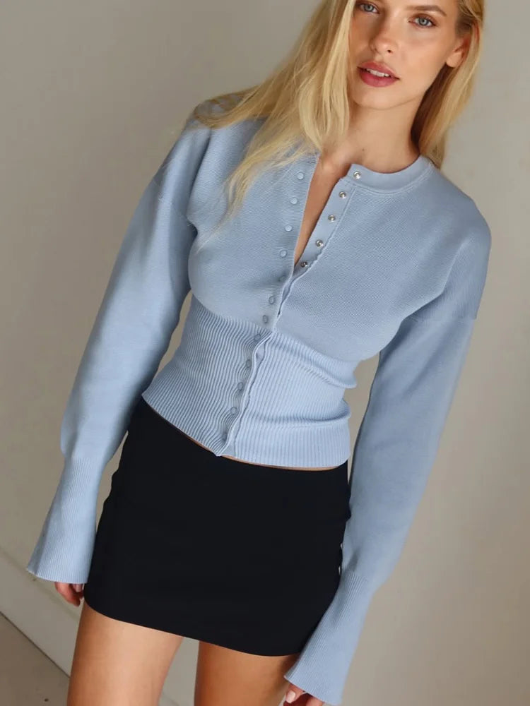 Women's Knitted Fitted Cardigan Elegant Long Sleeve Tops Sweater Knitwears Top Female Clothing 2025 Fall Black Brown White Blue