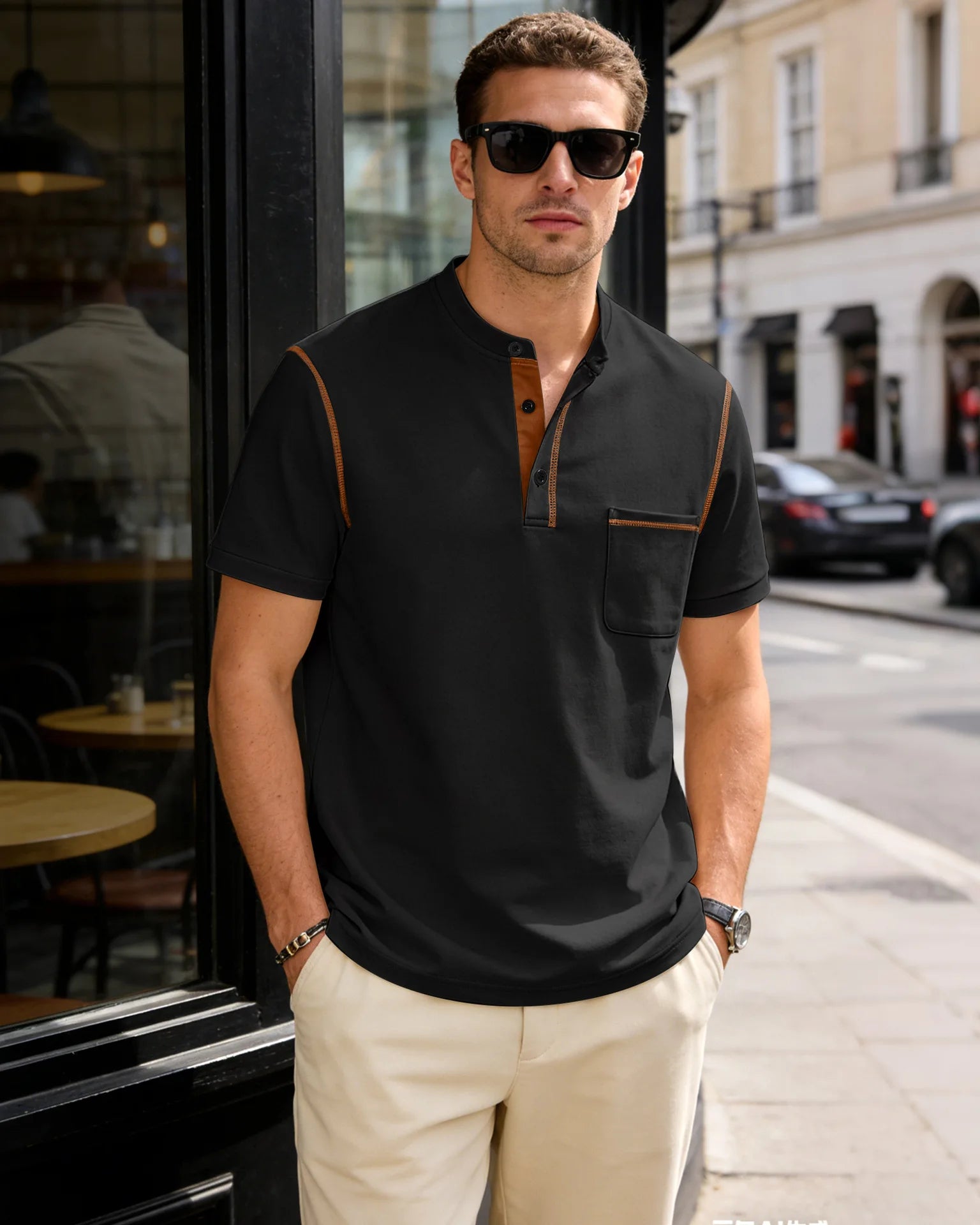 Summer men's fashionable Henry collar half-button short-sleeved moisture-wicking breathable casual American stretch T-shirt top