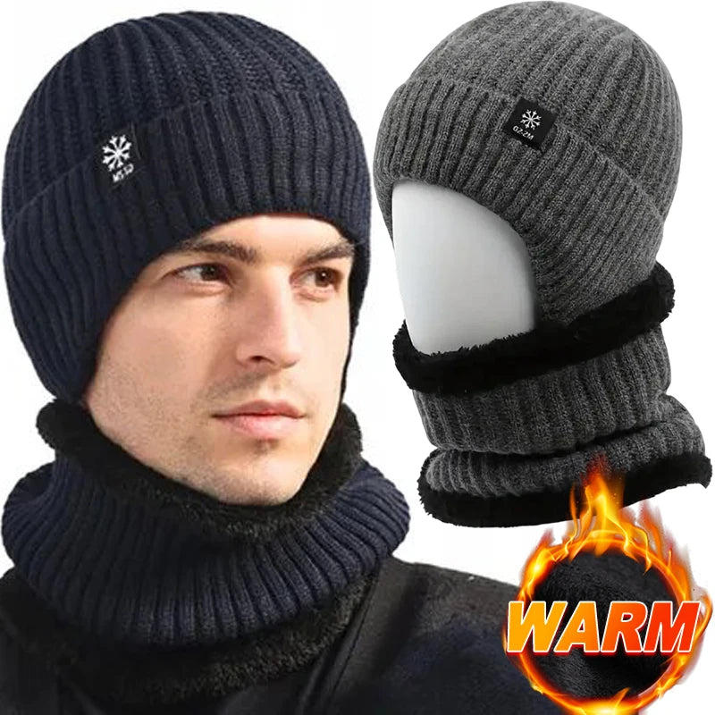 2pcs Winter Cycling Fleece Hats Knitted Plush Warm Outdoor Sports Cap Scarf for Women Men Hat Windproof Ski Ear Protection Gift