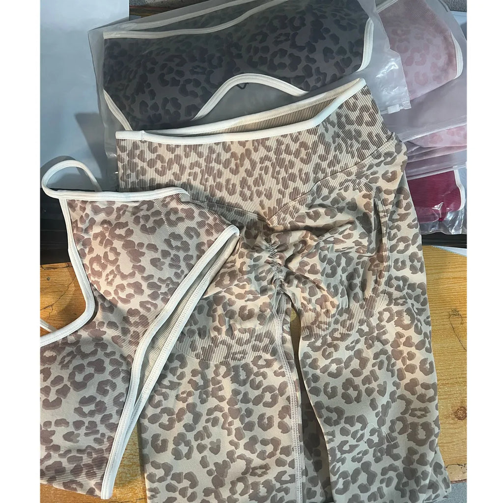 Seamless Leopard Yoga Set Women Sports Bra High Waist Shorts Scrunch Gym Fitness Workout Run Legging Activewear XP269