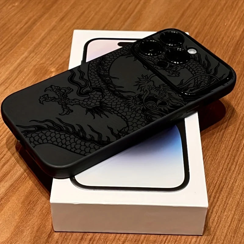 Linear Dragon Pattern Black Handy Window Phone case For iPhone 11 12 13 14 15 16 17 Air Pro Max XR XS X Plus Silicone INS Covers