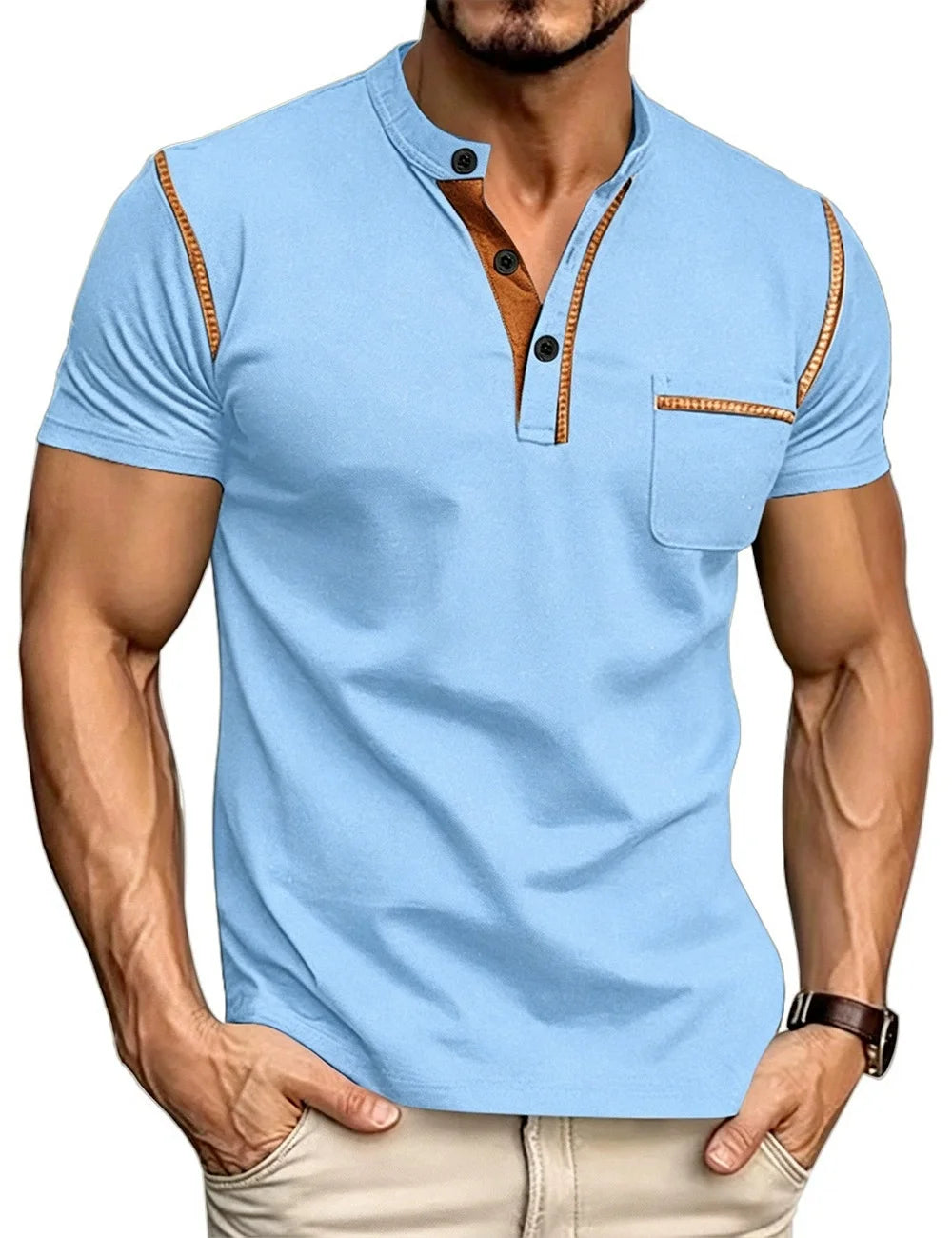 Summer men's fashionable Henry collar half-button short-sleeved moisture-wicking breathable casual American stretch T-shirt top