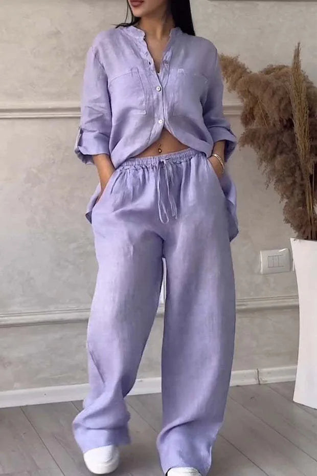 Spring Autumn Cotton Linen Long Sleeved shirt + Long Pants Two-piece Set Women Casual V-neck Shirt Drawstring Wide leg Pant Suit