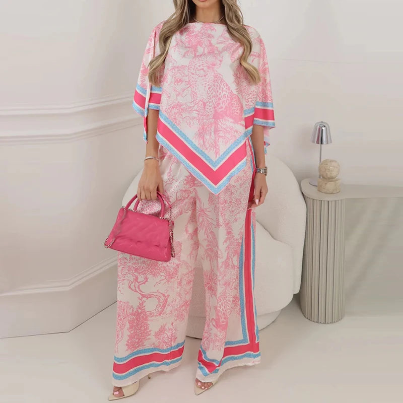 New Elegant Shawl Top+Pants Two Twice Set Summer Fashion Round Neck Loose Outfit Lady Casual Satin Printed Office Commuter Suit