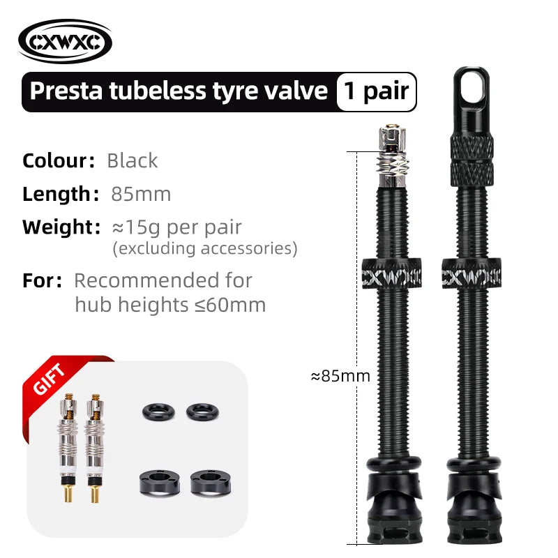 CXWXC 1Pair Bicycle Presta Valve 45/65/85mm Aluminum Alloy Valve For Tubeless Road/MTB/Gravel Bike Rim Valve Accessories