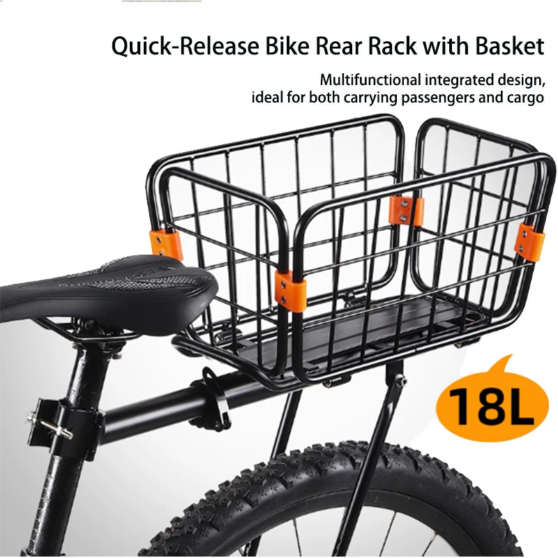 Black Aluminum Alloy Bicycle Cargo Carrier Bike Rear Rack with Removable Basket Quick Release Adjustable Luggage Rack 75kg Max