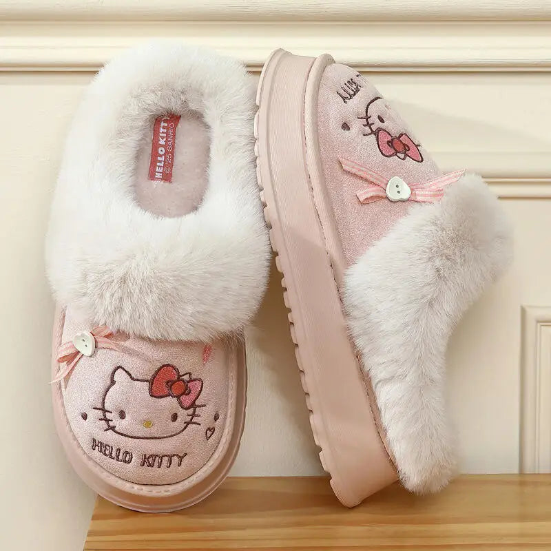 Cartoon Sanrio Hello Kitty Thick Sole Plush Cotton Slippers Anime Women's Winter Warm New Anti-Slip Wear-Resistant Home Shoes