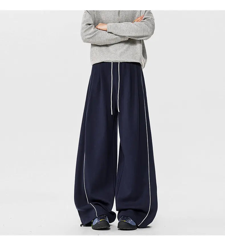 Men's Minimalist Oversized Wide Leg Sweatpants Contrast Stripe Drawstring Waist Streetwear Pants