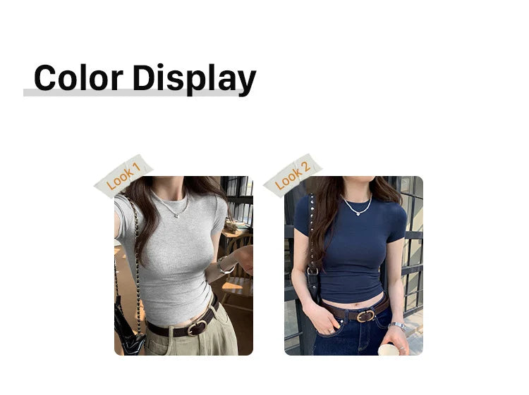 American style spicy girl shoulder T-shirt for women in summer 2025, tight fitting and slimming short top, basic elastic short s