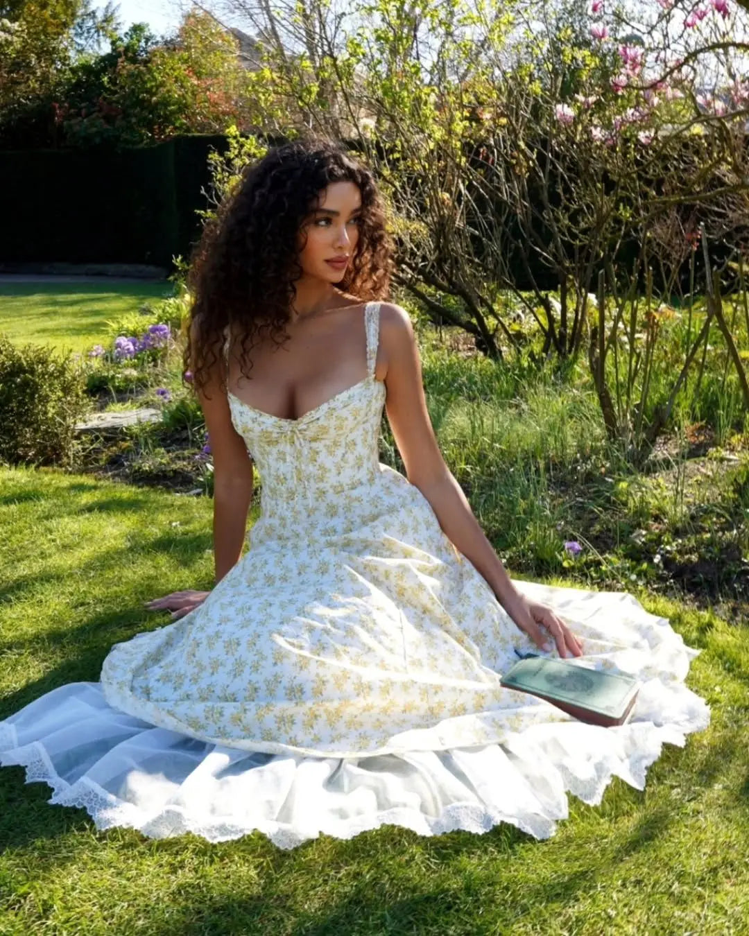 YENKYE Sexy Elegant Women Lace Patchwork Floral Print Sling Midi Dresses Holiday Summer Lady Party Vestidos Cotton Robe