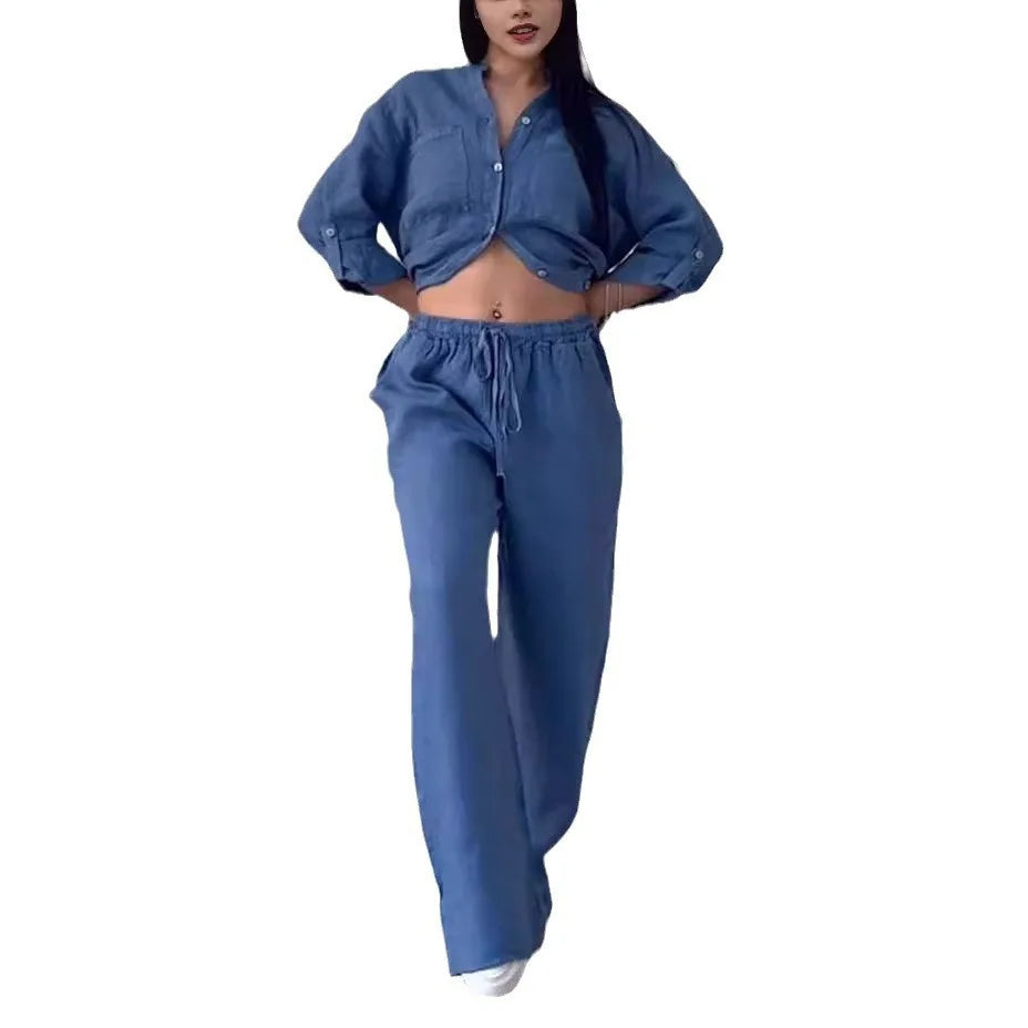Spring Autumn Cotton Linen Long Sleeved shirt + Long Pants Two-piece Set Women Casual V-neck Shirt Drawstring Wide leg Pant Suit