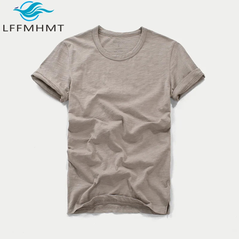 3018 Summer Fashion Short Sleeve Thin T-shirt Solid Color Simple Classic Soft Cozy Round Neck Slub Cotton Men's Casual Tops Tees