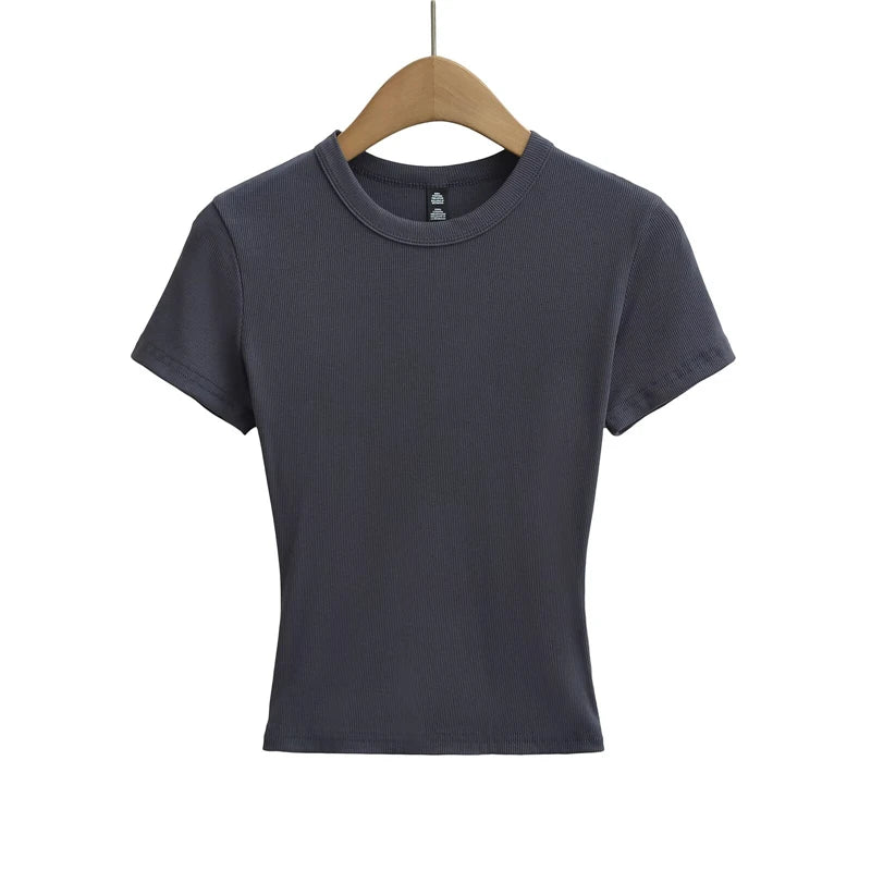LUNDUNSHIJIA 2025 Summer Sexy Women Basic Small O-neck Short Sleeve T-shirt Ladies Slim Elasticity Cotton Short Style Tee Tops