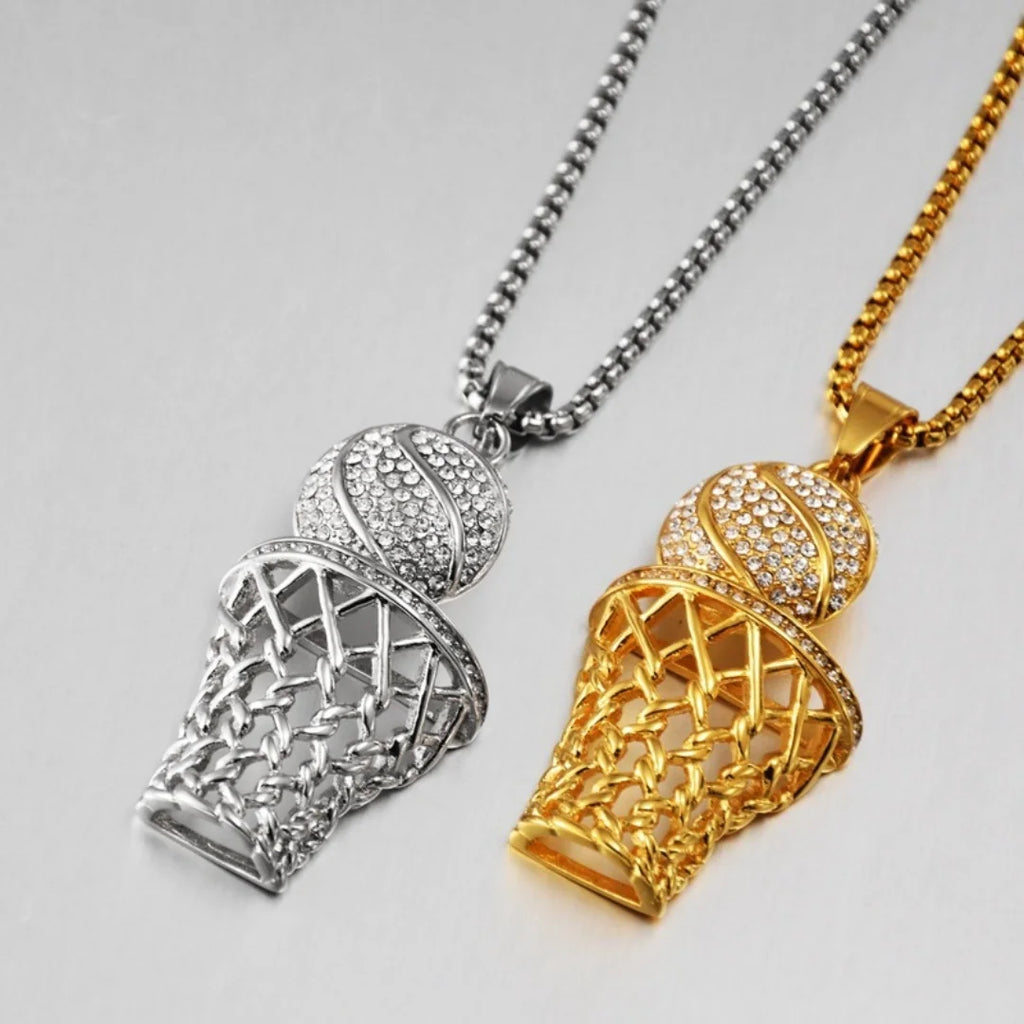 Hip Hop Iced Out Bling Basketball Basket Pendant Stainless Steel Cubic Zirconia Fans Sports Necklace for Women Men Jewelry Gift