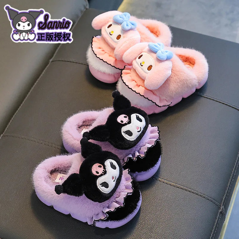 Sanrio Kawaii Girls Plush Slippers Cute Kuromi Hello Kitty My Melody Cartoon Student Winter Home Indoor Anti-Slip Warm Shoes