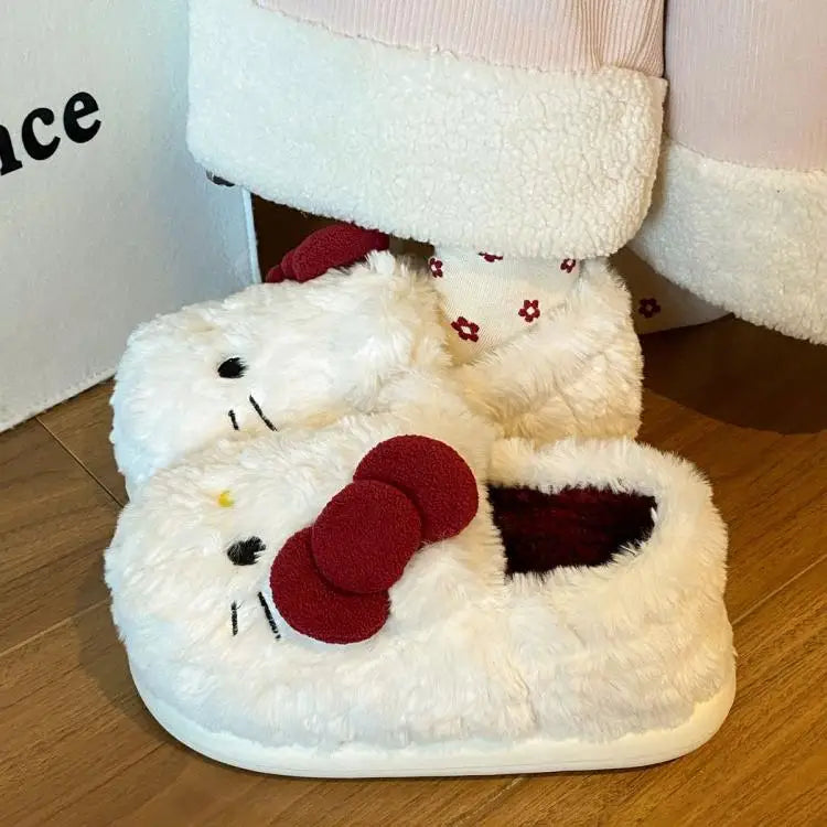 New Cartoon Hello Kitty Plush Slippers Sanrio Cute Female Anime Autumn Winter Home Plus Velvet Warm Thick Sole Baotou Slippers