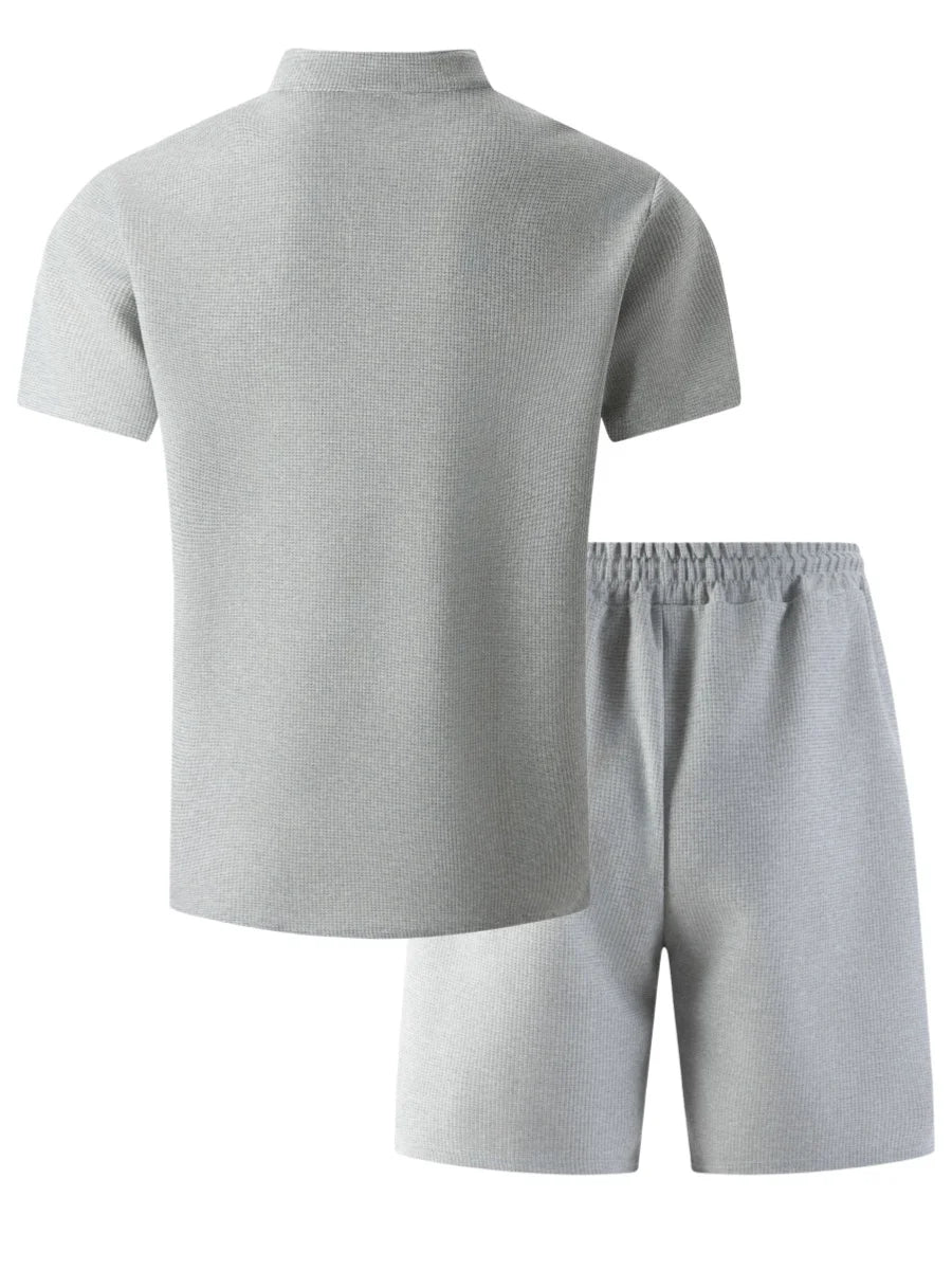Men's 2 Piece Outfit, Stand Collar Short Sleeve Shirt with Chest Pocket and Drawstring Shorts, Casual Co Ord Set