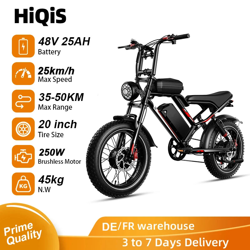 HiQiS S8 electric bike power motor 25KMH 48V 25AH dual suspension 20inch fat tires long range 50KM e-bike for adults
