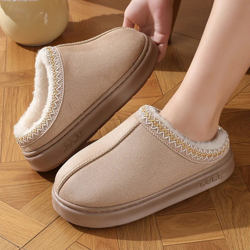 Comfort Thick Bottom Cotton Slippers Women 2025 Winter Warm Thick Plush Non Slip Furry Clogs Shoes Embroidery Suede Snow Boots