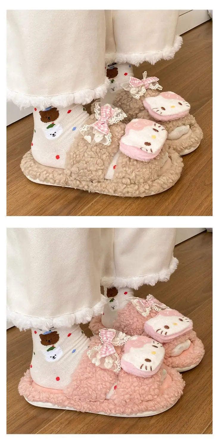 Sanrio Hello Kitty Adult Cotton Slippers Y2K Kawaii Cartoon Winter Indoor Open Toe Anti-Slip Slipper Comfortable Warm Shoes New