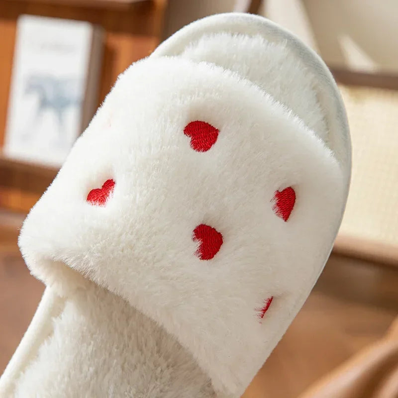 Winter Women Heart Slippers for Home Fur Furry House Slides Men Indoor Floor Soft Sandals Couples Comfortable Cute Flip Flops
