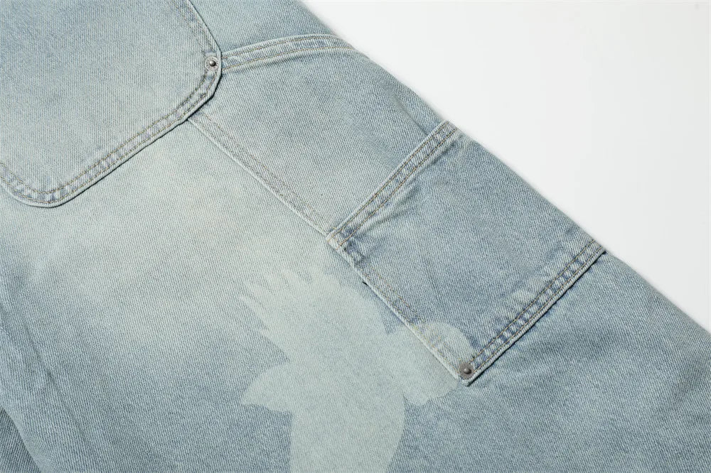 Pigeons Print Carpenter Denim Pant Mens Pocket Retro High Street Washed Distressed Loose Wide Leg ARC 3D JEANS