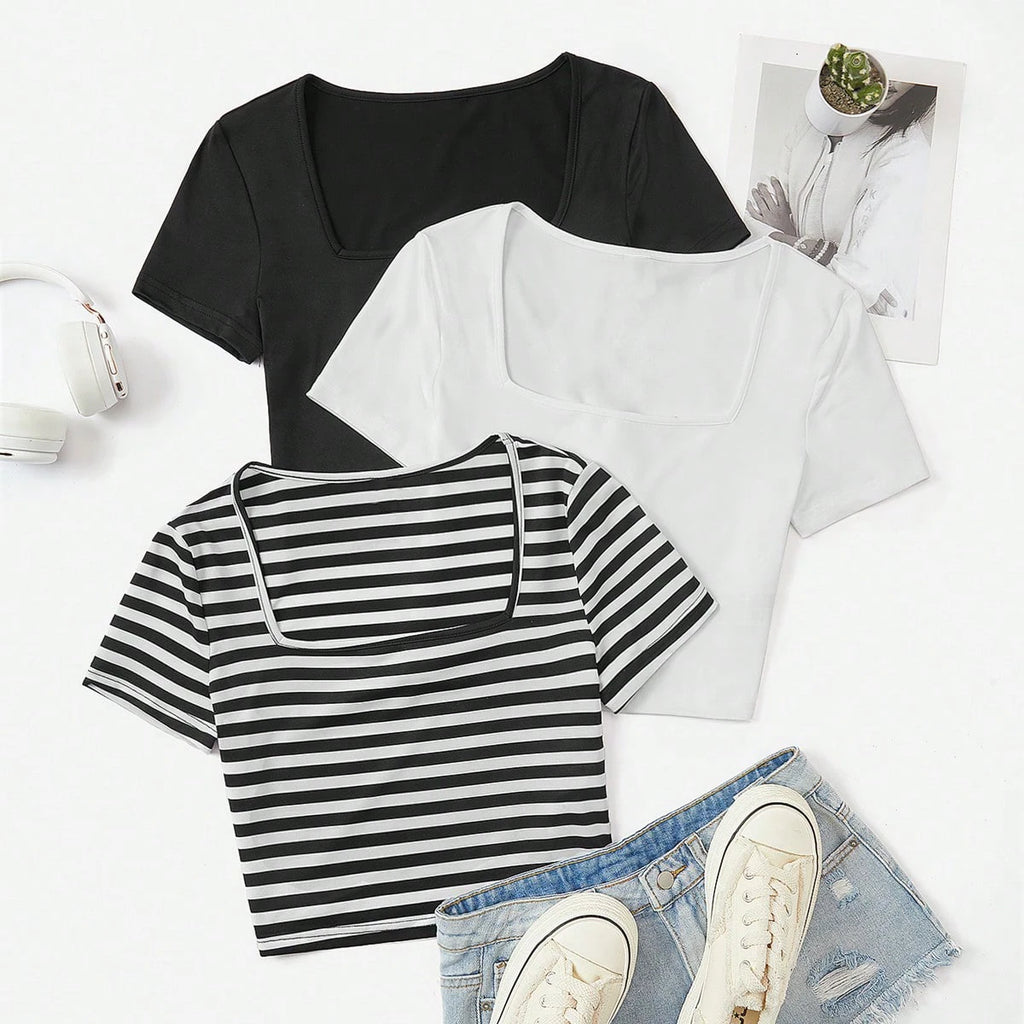 3 Pieces Summer slim fit T-shirt women's sexy short sleeved  U-neck low cut solid color basic black/white Korean style crop top