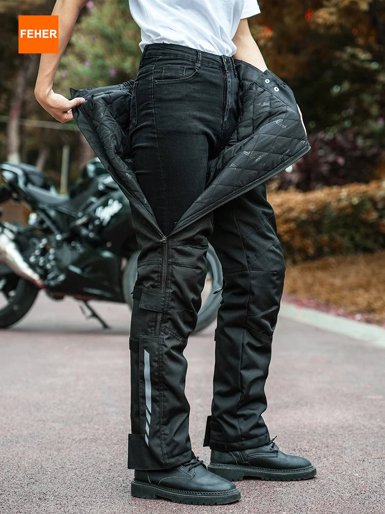 FEHER Motorcycle Pants Winter Waterproof Quick-release Thermal Motorbike Trousers Unisex Built-in Removable CE Protective Gear