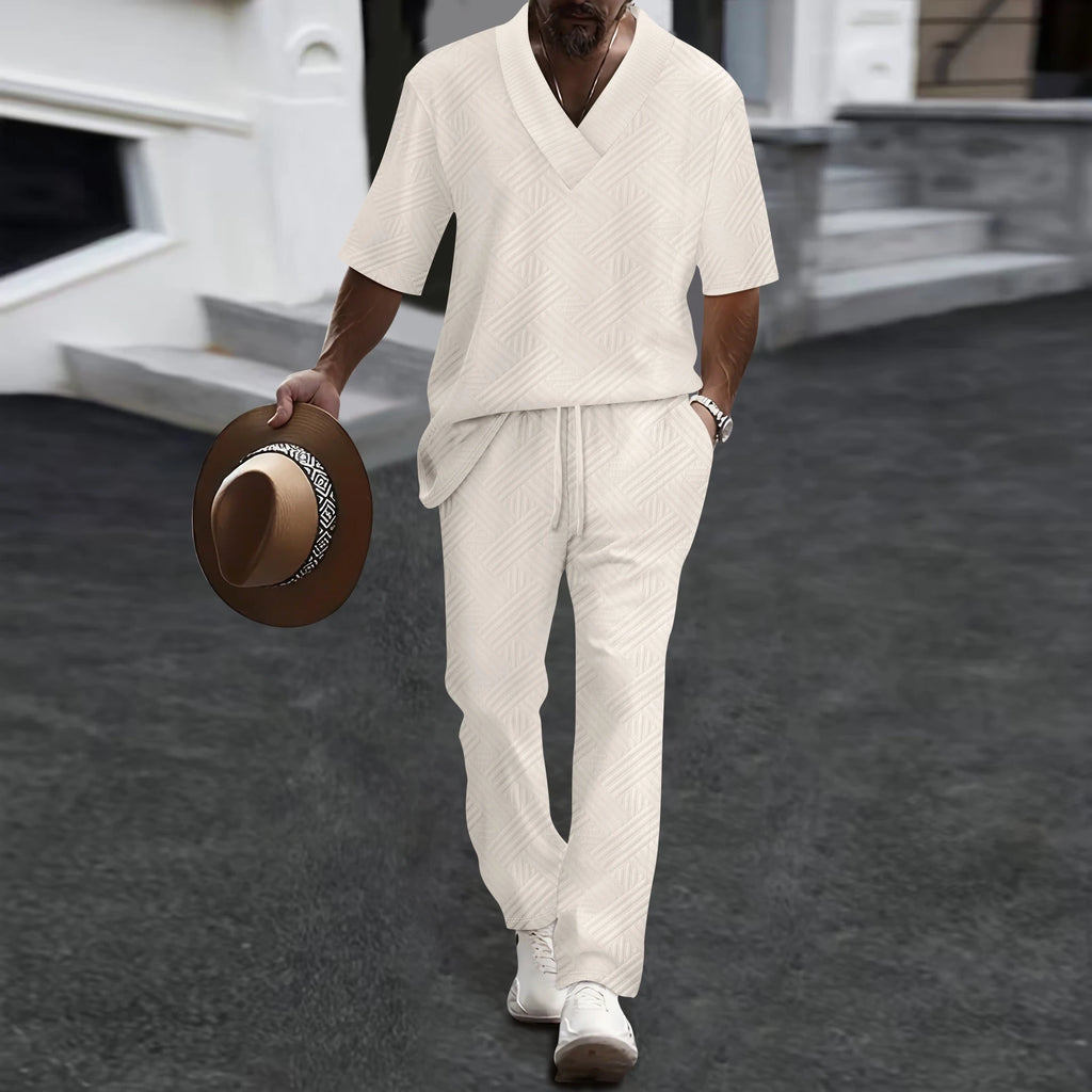2026 Men's Spring Autumn Geometric Textured 2 Piece Set V-Neck Short Sleeve Top & Drawstring Pants Tracksuit