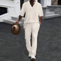 2026 Men's Spring Autumn Geometric Textured 2 Piece Set V-Neck Short Sleeve Top & Drawstring Pants Tracksuit