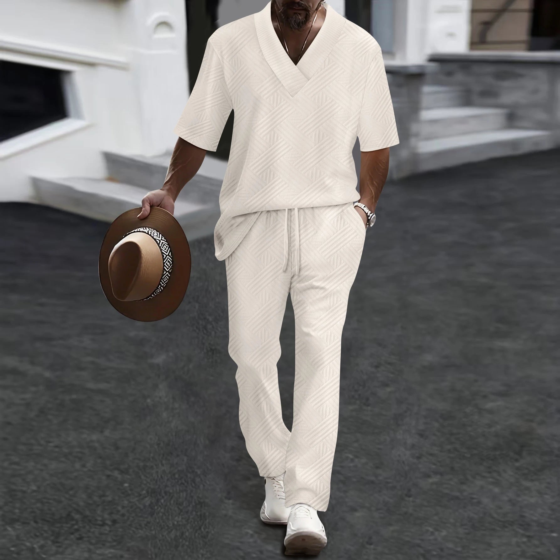 2026 Men's Spring Autumn Geometric Textured 2 Piece Set V-Neck Short Sleeve Top & Drawstring Pants Tracksuit