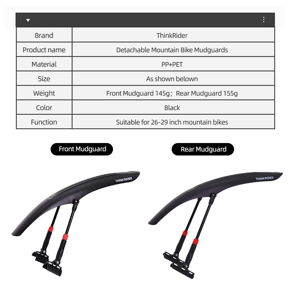 ThinkRider 26-29 Inch Mountain Bike Mudguard Widen Quick Release Durable lnnovative Installation Fender Bicycle Accessaries