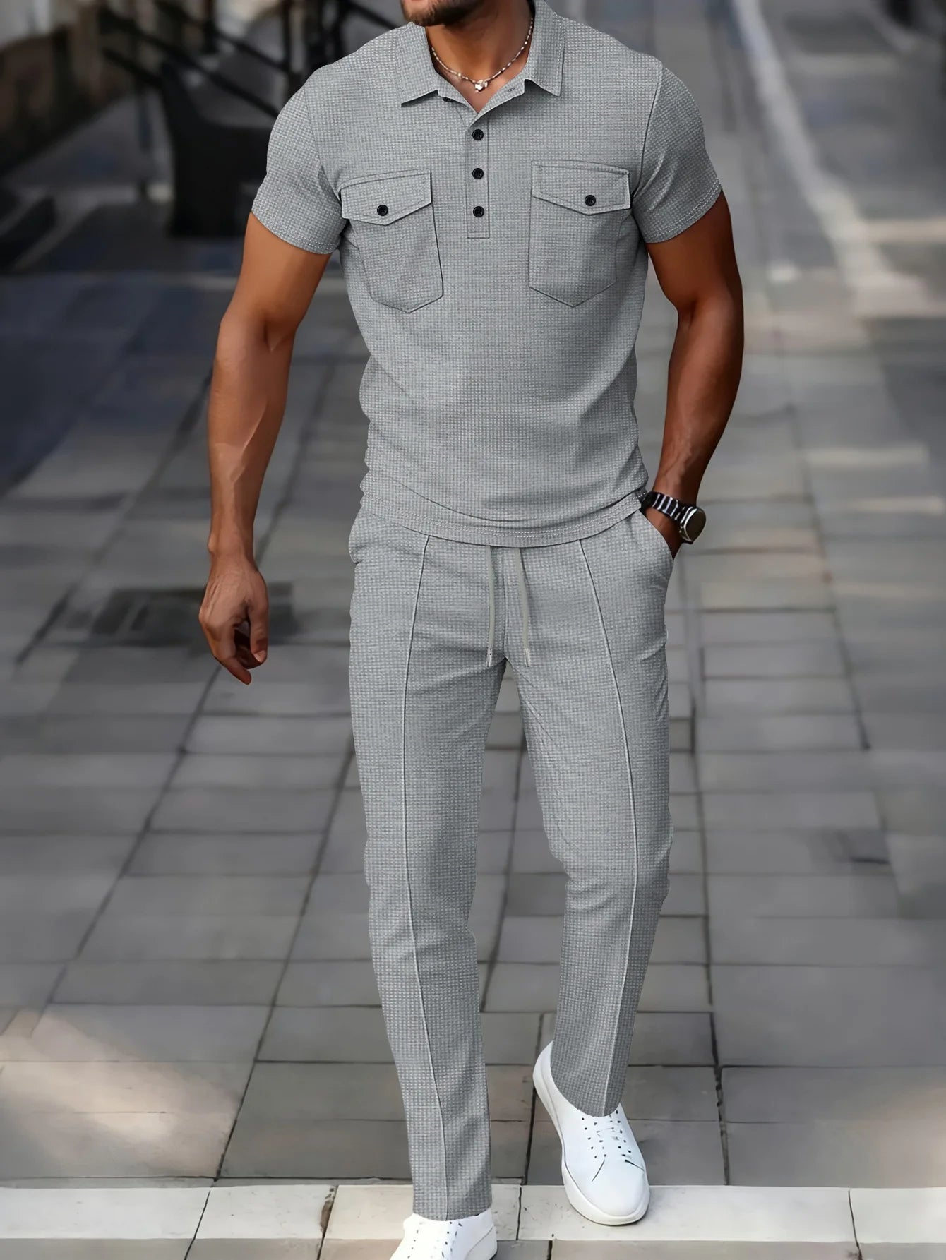 Summer New Men's Waffle Casual Tracksuit, Lapel Collar Double Pocket Solid Polo Shirt and Long Pants Set