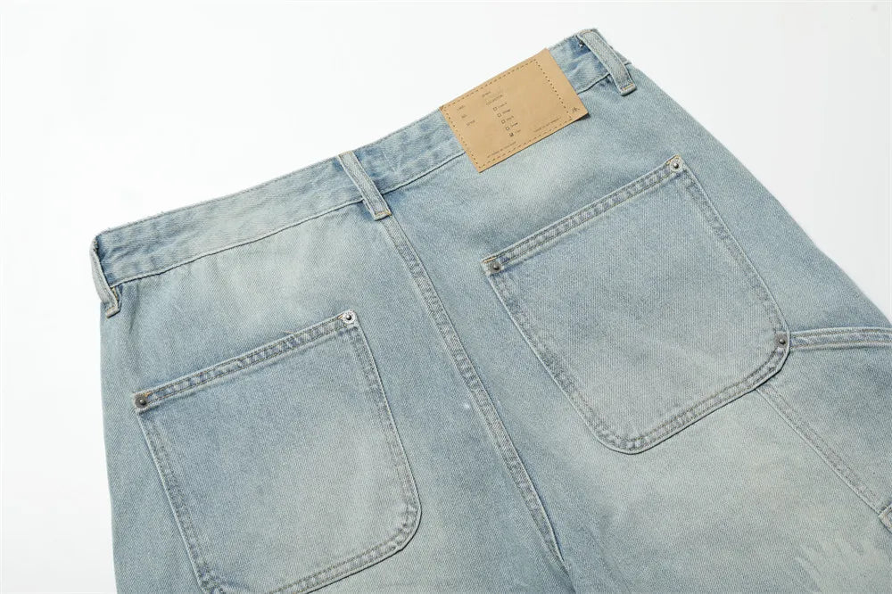 Pigeons Print Carpenter Denim Pant Mens Pocket Retro High Street Washed Distressed Loose Wide Leg ARC 3D JEANS