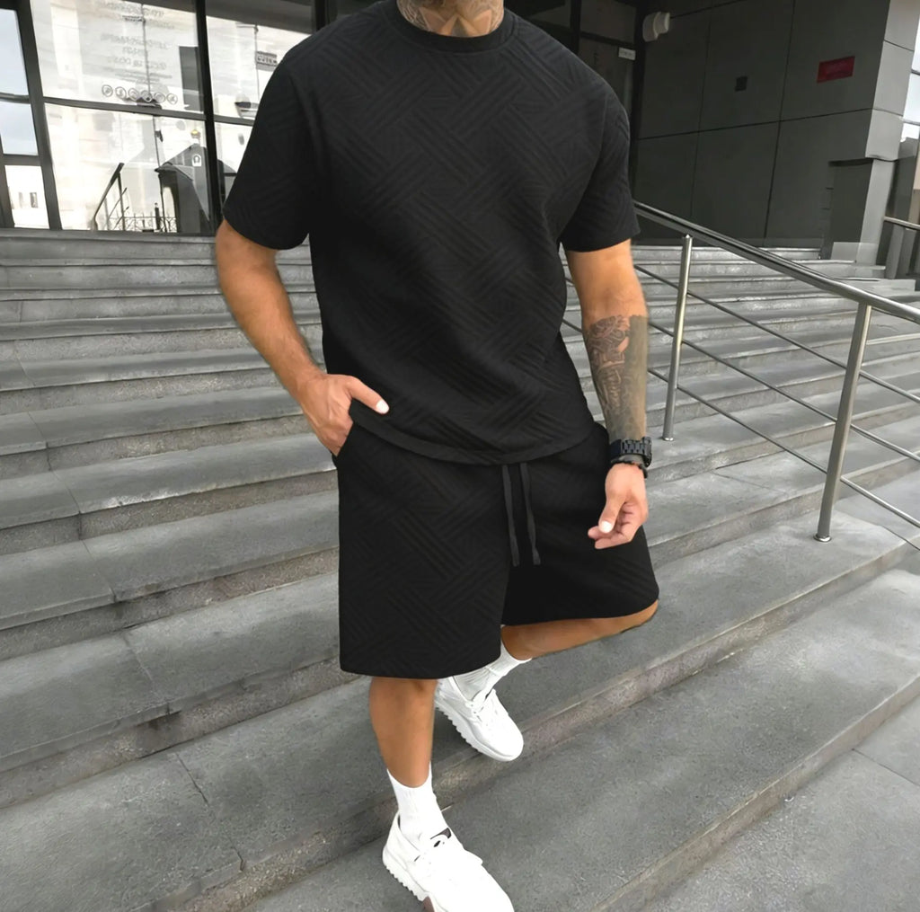 New men's summer jacquard short-sleeved shirt and short pants casual breathable T-shirt and short pants sports outfit streetwear