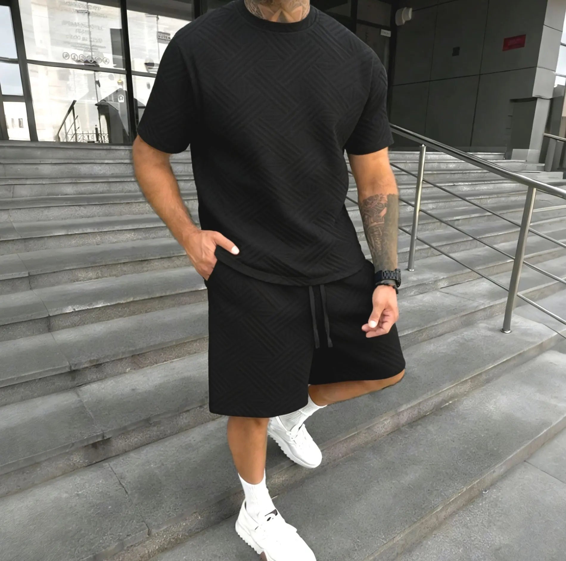 New men's summer jacquard short-sleeved shirt and short pants casual breathable T-shirt and short pants sports outfit streetwear
