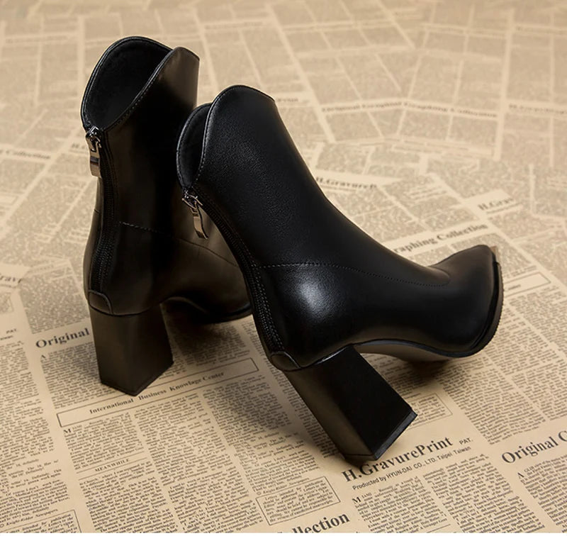 Pointed Toe Women's Ankle Boots Fashion Back Zippers Short Botas Ladies Elegant Square High Heel Winter Women's Footwear