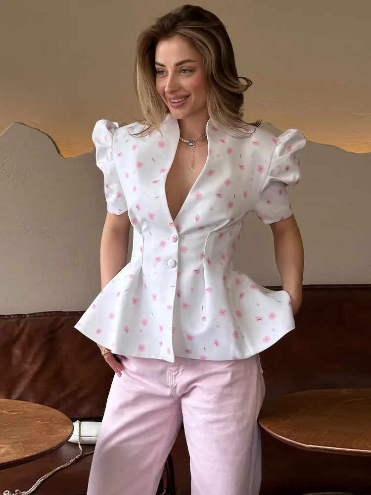 Waist Cinching Floral Suit Jacket Lady V-Neck Short Bubble Sleeve Shoulder Pad Jackets Fashion Daily 2026 Summer New Woman Coat